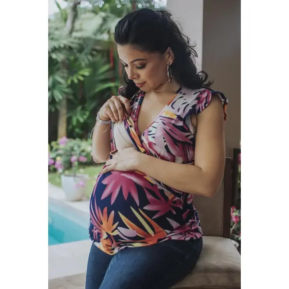 Camiseta floreada funcional para lactancia y embarazo, Talla de Ropa Materna: S